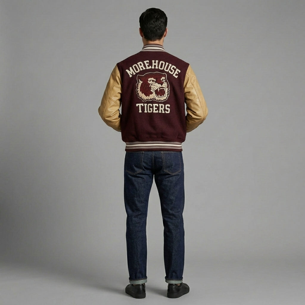 Men’s Maroon Wool Varsity Jacket – Leather Sleeve Letterman Bomber