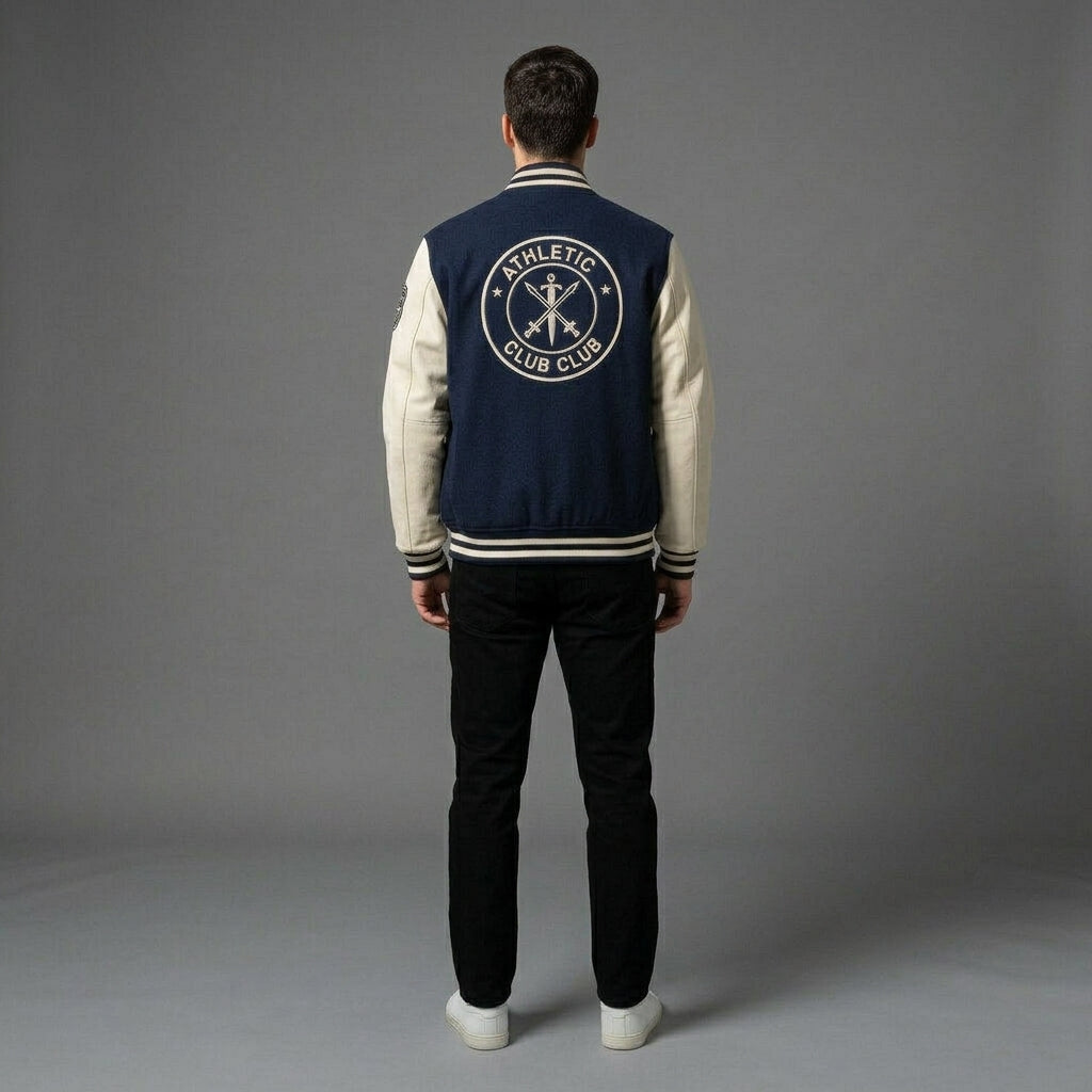 Men’s Royal Blue Wool Varsity Jacket – Faux Leather Sleeves & Custom Logos