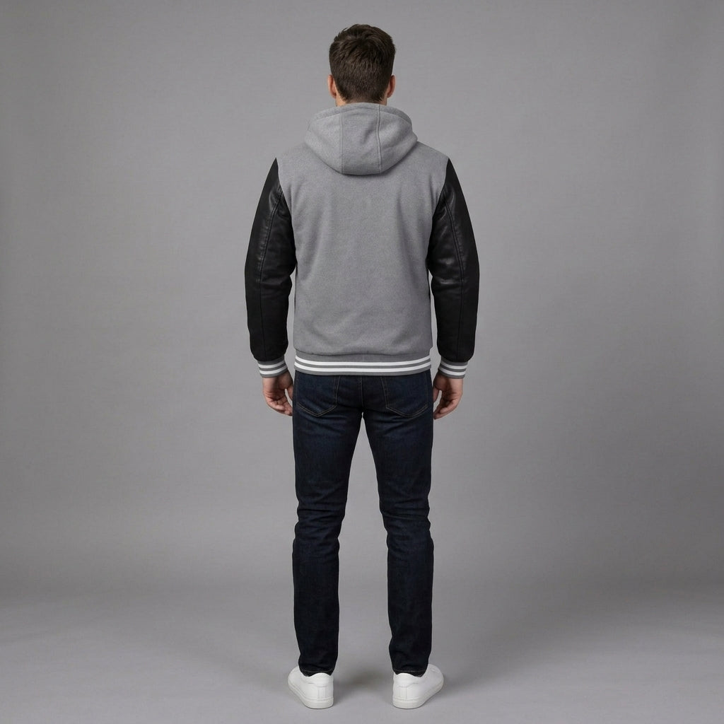 Men’s Grey Hooded Varsity Jacket – Wool Body & Black Sleeve Letterman