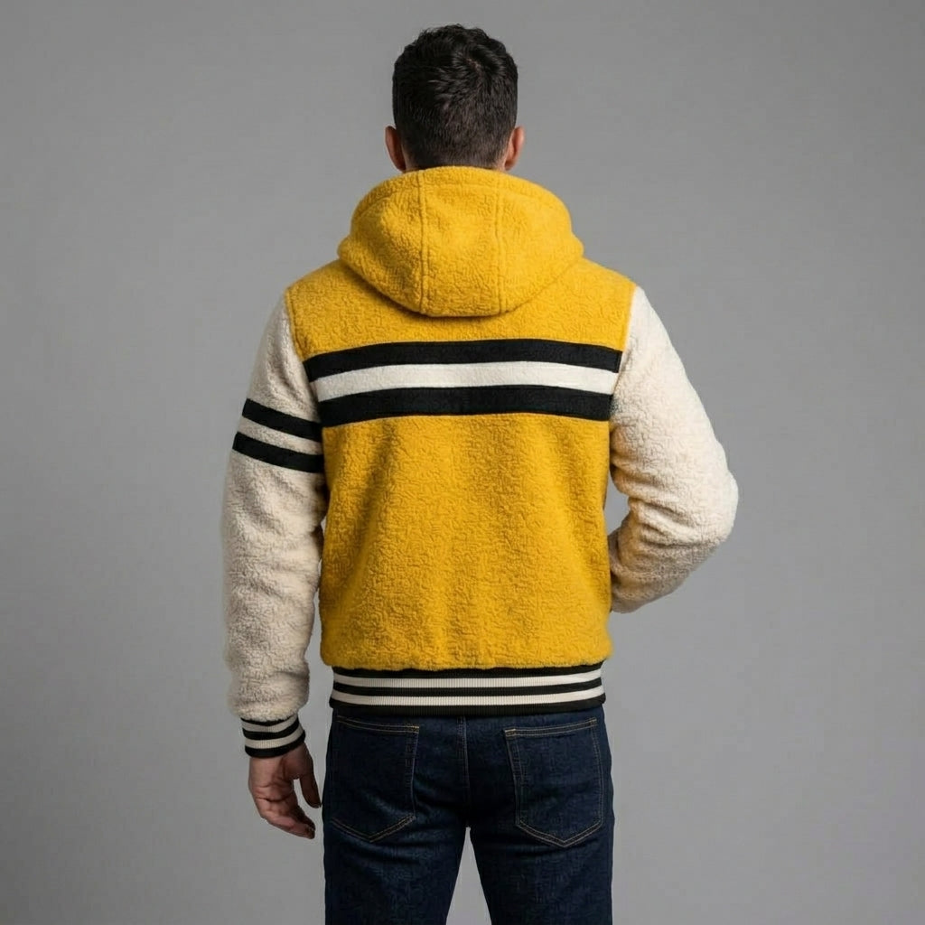 Men’s Yellow & White Hooded Varsity Jacket – Zip-Up Letterman Hoodie