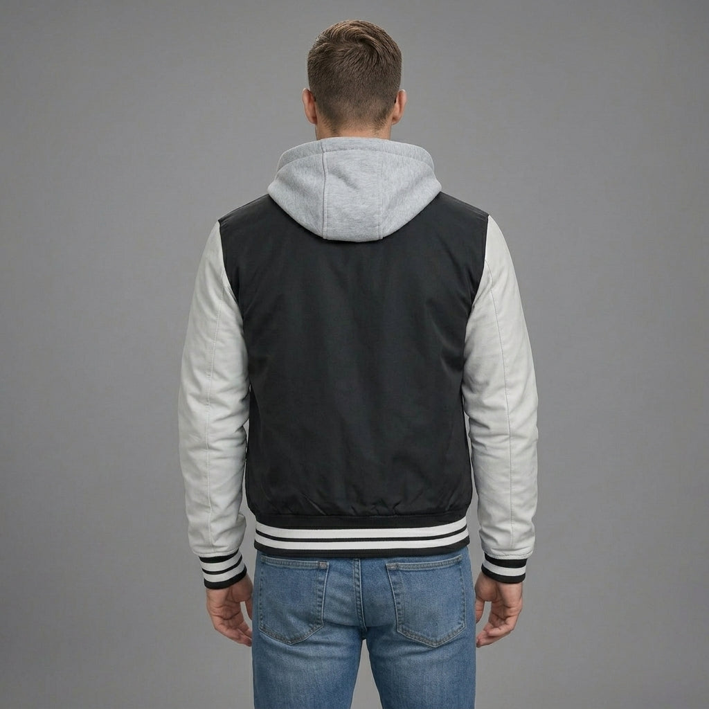 Men’s Black & White Sleeve Hooded Varsity Jacket – Snap Button Letterman Bomber
