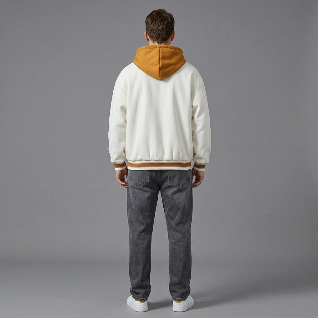 Men’s Hooded Baseball Varsity Jacket – Full Zip Contrast Letterman Hoodie