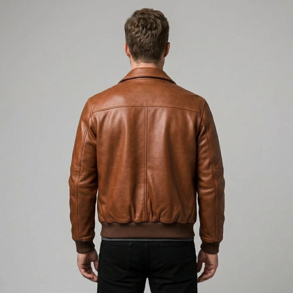 Men’s Brown Leather Bomber Jacket – Genuine Zip-Up Leather Jacket