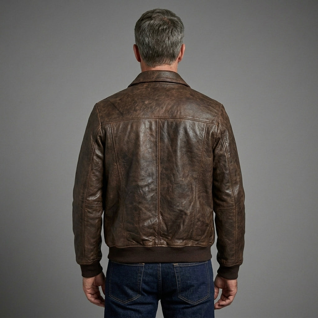 Men’s Brown Sheepskin Leather Bomber Jacket – Vintage Distressed Wax Finish