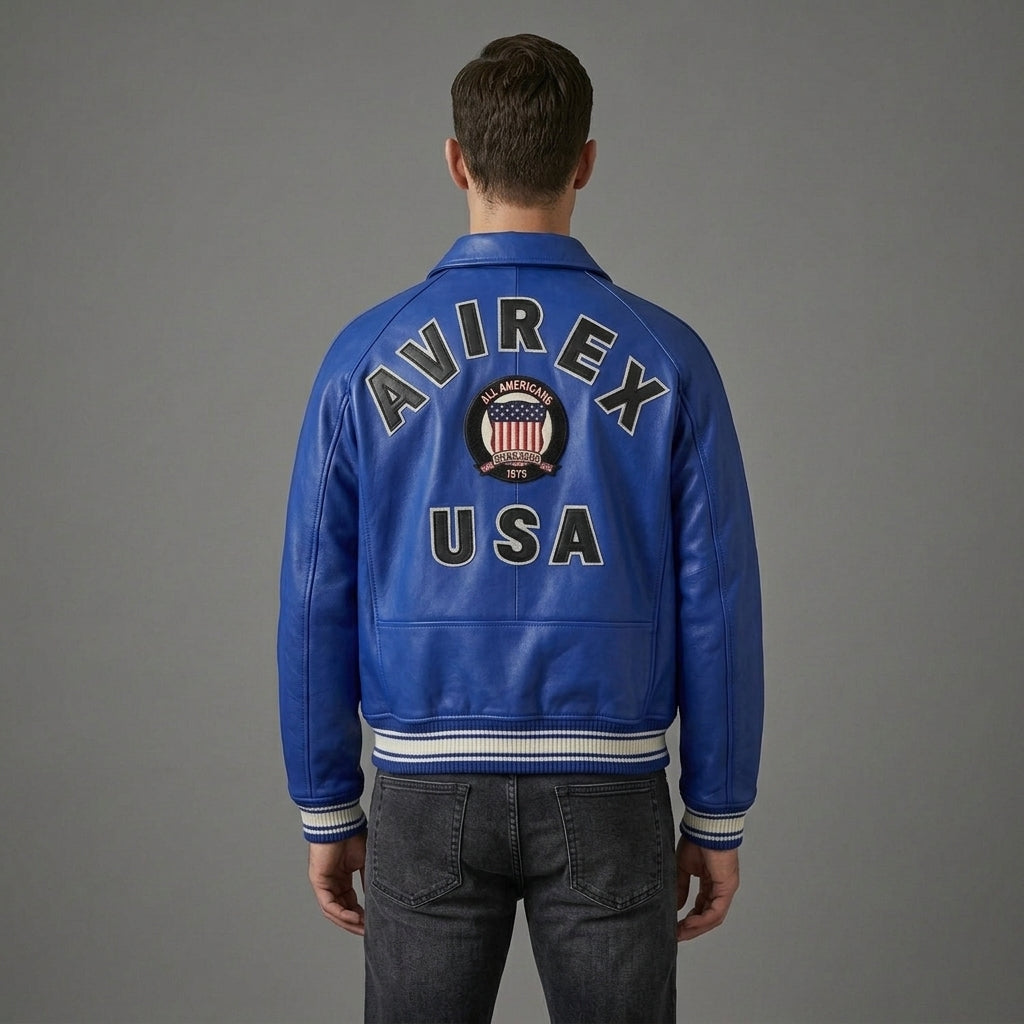 Men’s Blue Lambskin Leather Varsity Jacket – Ribbed Trim Bomber jacket