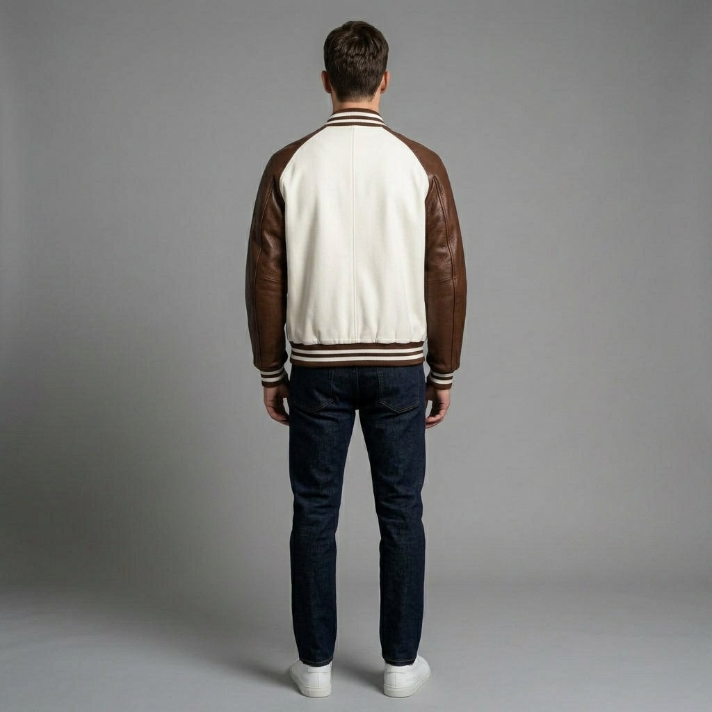 Men’s Brown & White Leather Varsity Jacket – Genuine Zipper Letterman