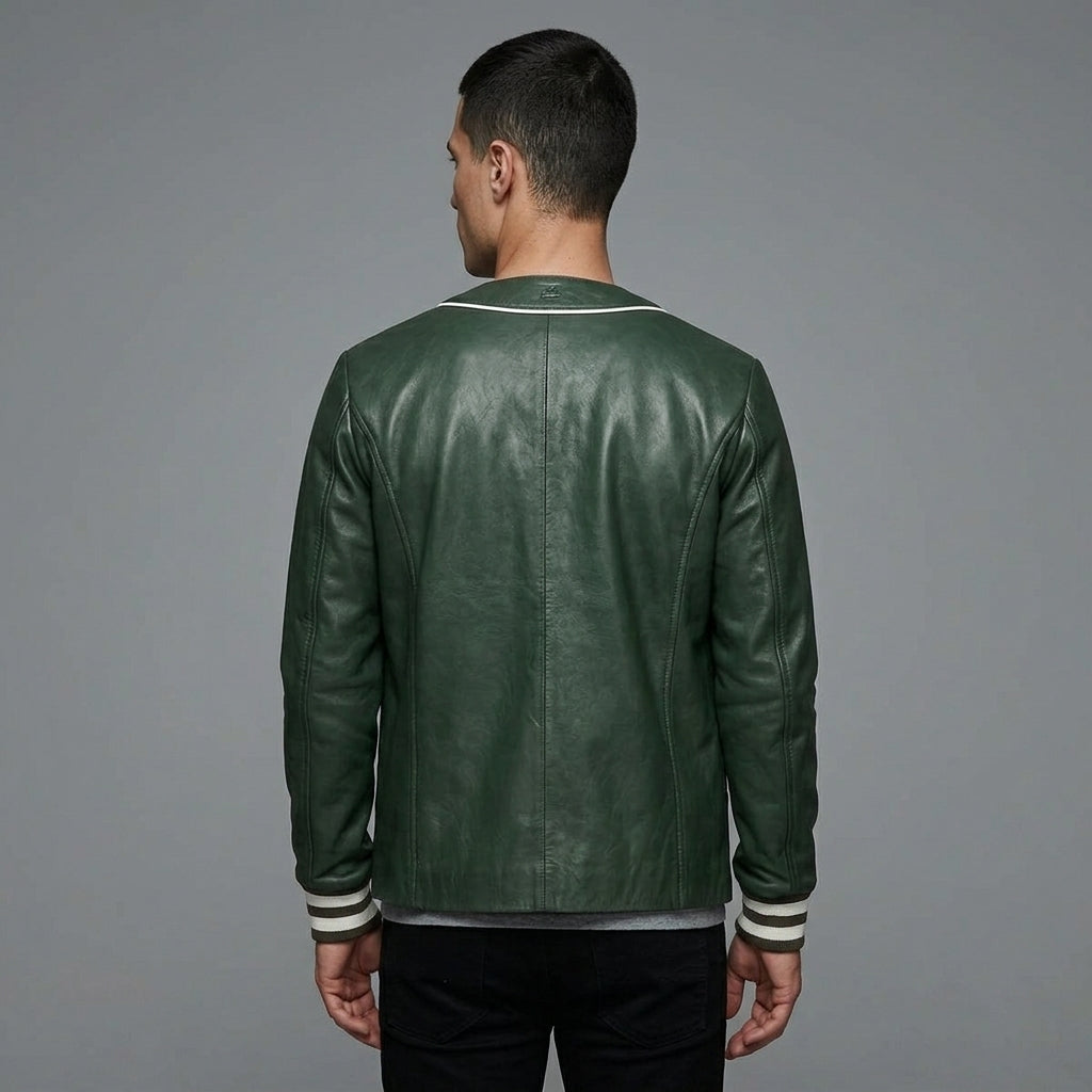 Men’s Green Sheepskin Leather Varsity Jacket – Sporty Button-Down Letterman