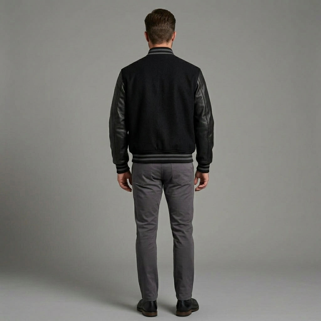 Men’s Black Leather Sleeve Varsity Jacket – Classic Letterman