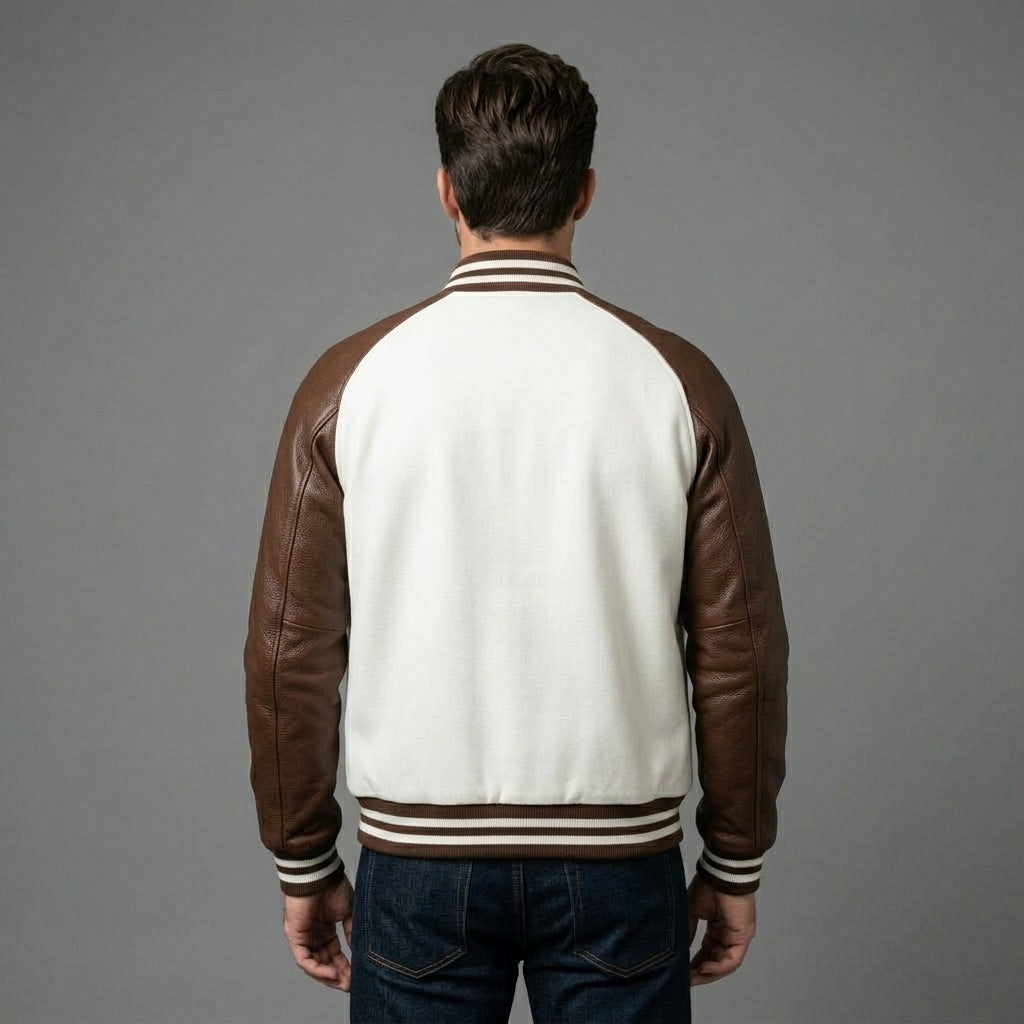 Men’s Brown & White Leather Varsity Jacket – Zipper Letterman