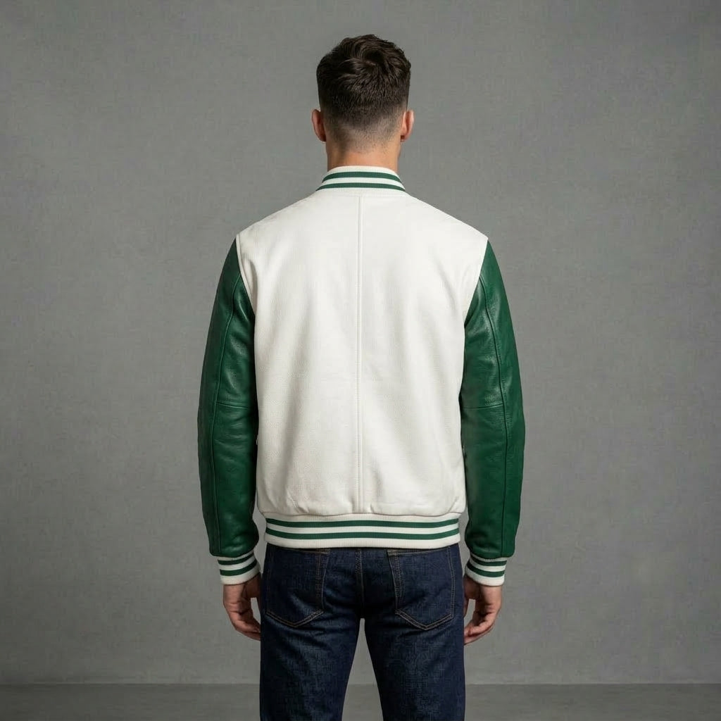 Men’s White & Green Leather Varsity Jacket – Zipper Letterman