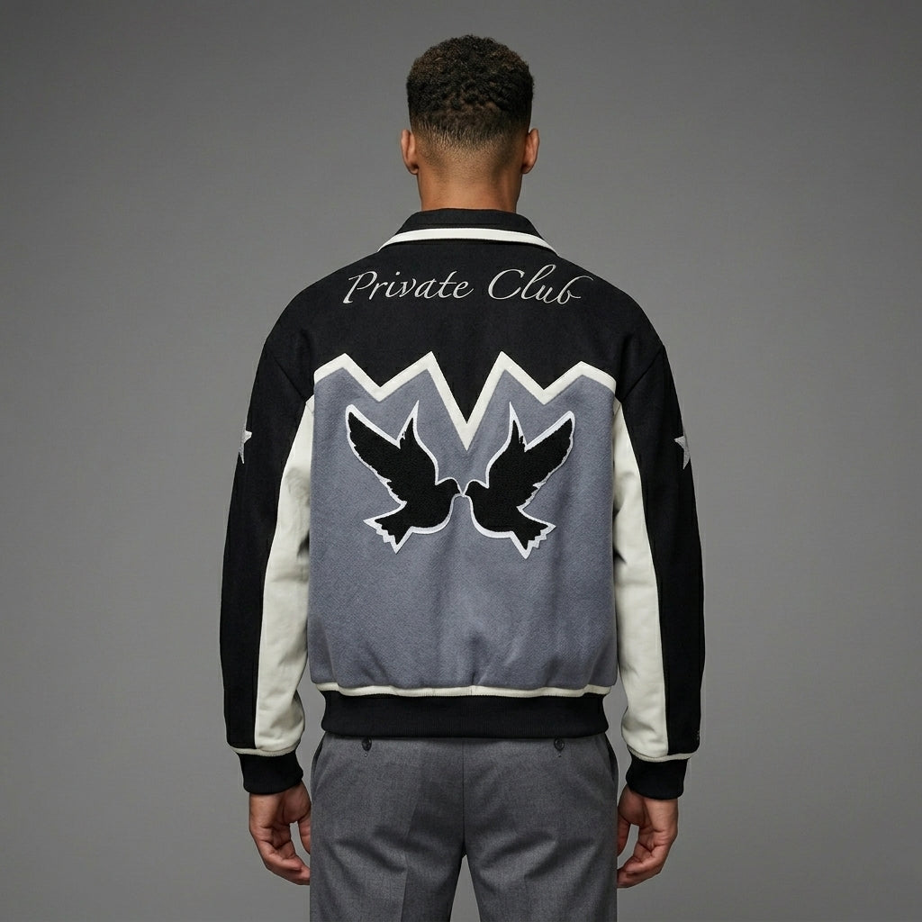 Men’s White, Grey & Black Varsity Jacket – Patchwork Streetwear