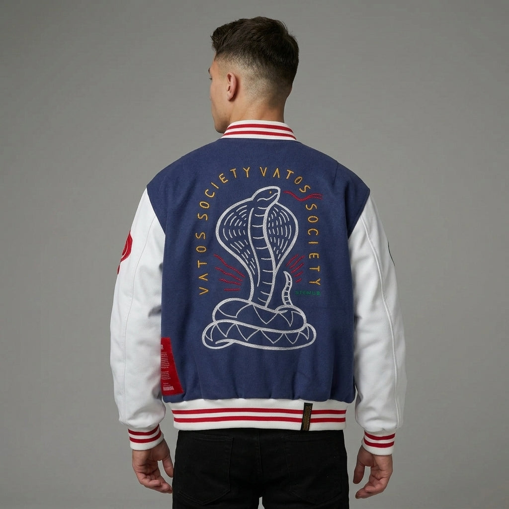 Men’s Blue Oversized Varsity Jacket – Classic Letterman with White Sleeves
