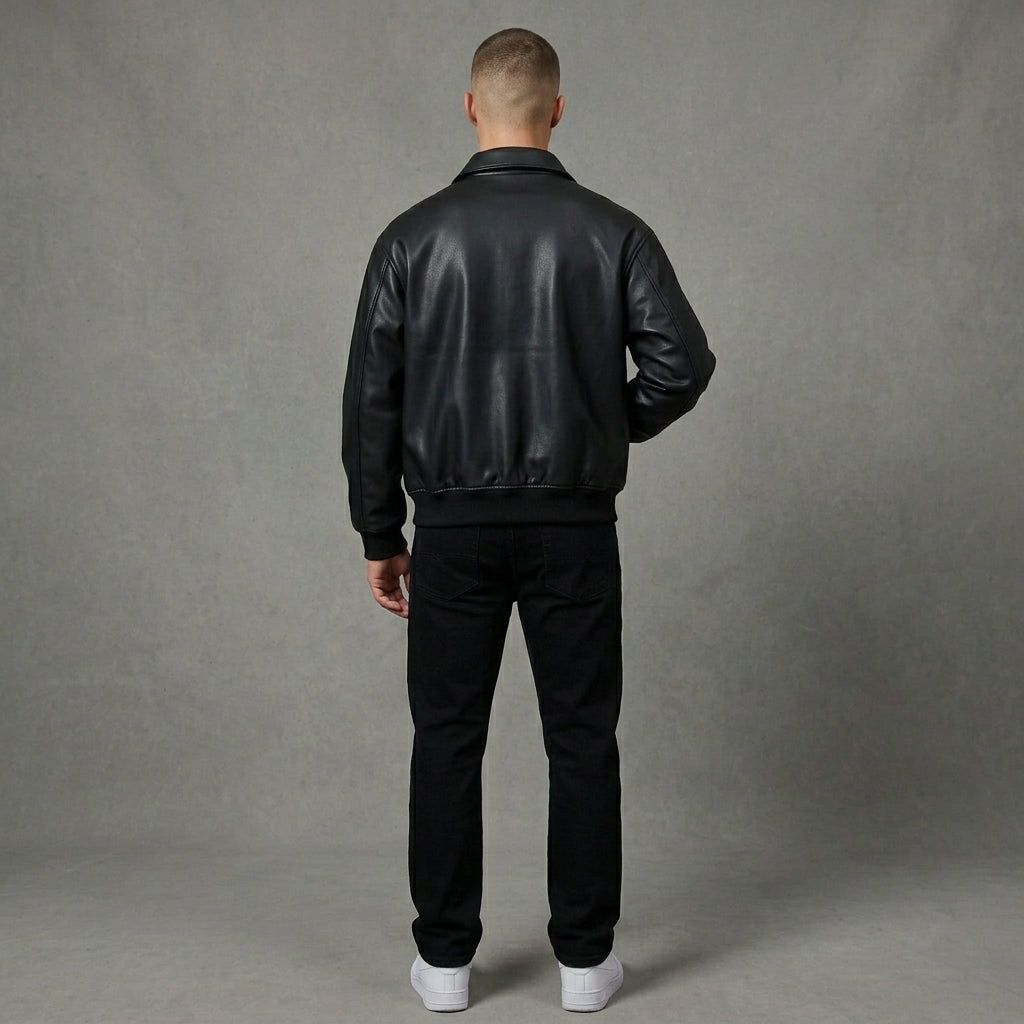 Men’s Black Leather Varsity Jacket – Oversized Embroidered Logo Letterman