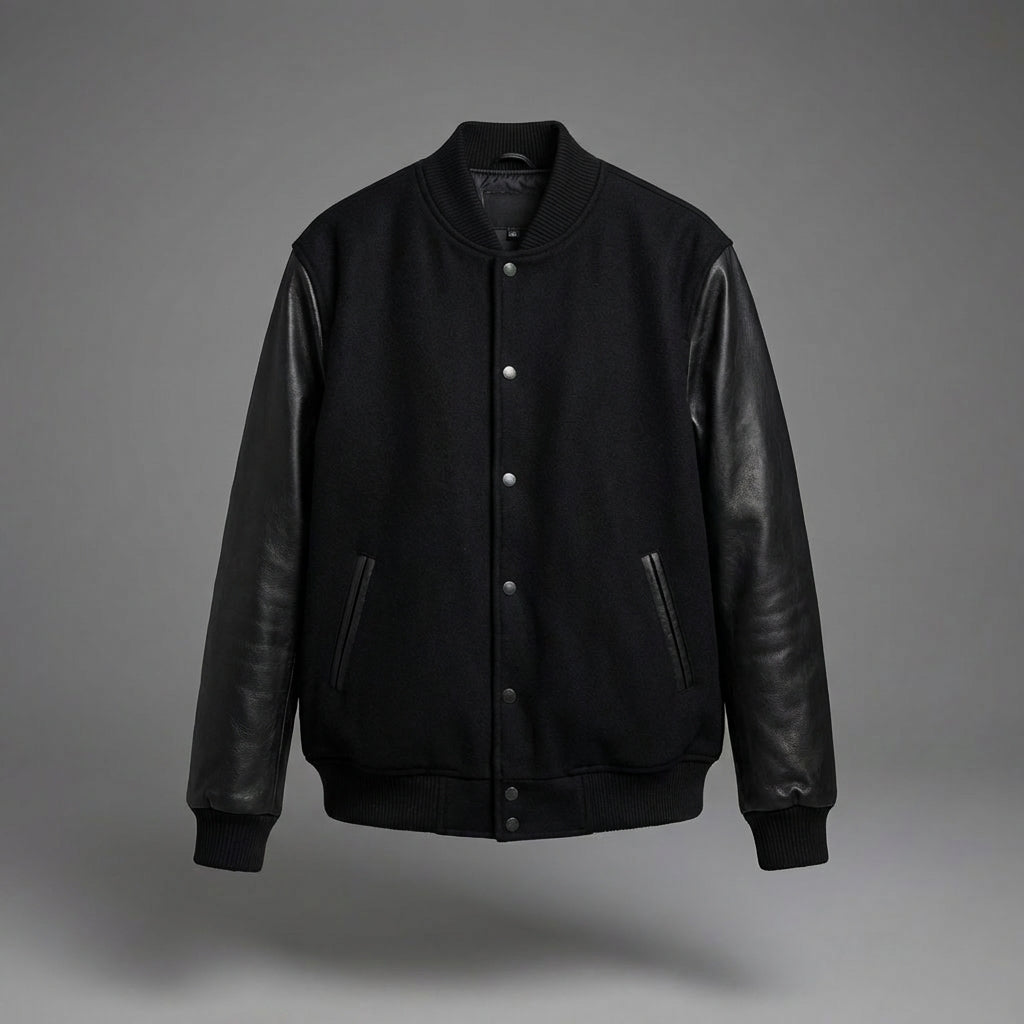 Modern Black Leather Varsity Jacket for Her