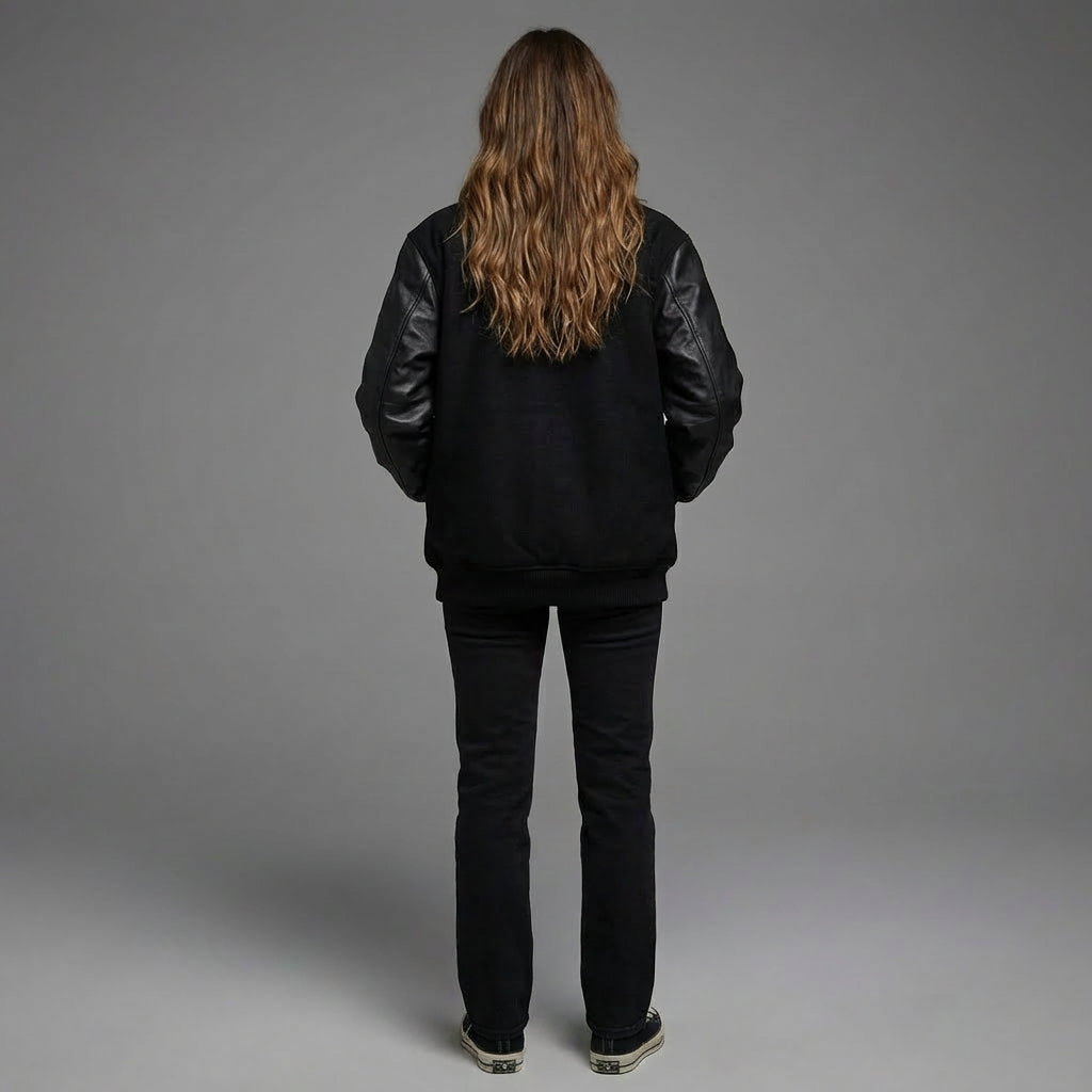 Modern Black Leather Varsity Jacket for Her