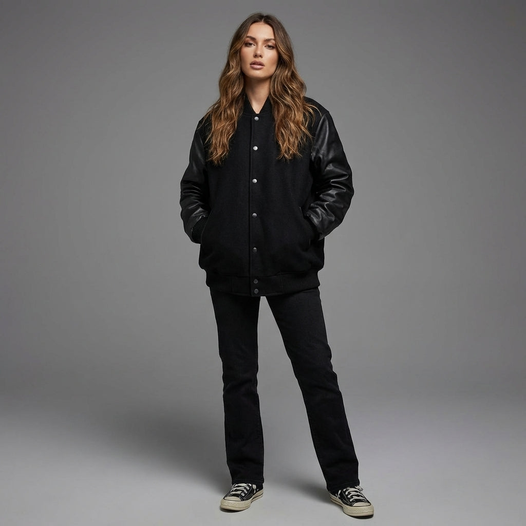 Modern Black Leather Varsity Jacket for Her