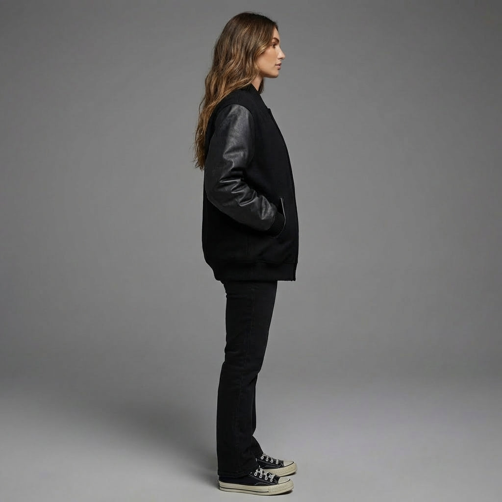 Modern Black Leather Varsity Jacket for Her