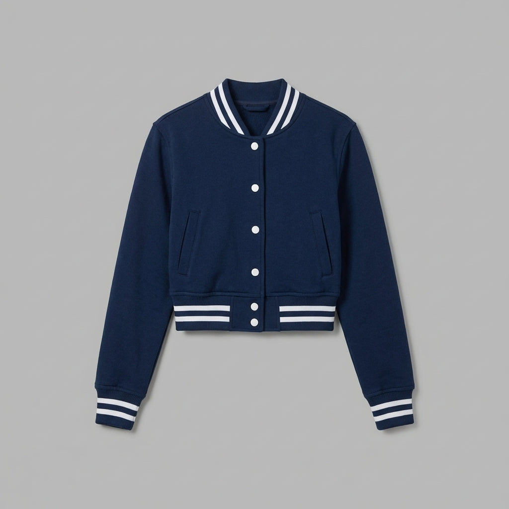 Navy Blue Cropped Varsity Jacket for Women