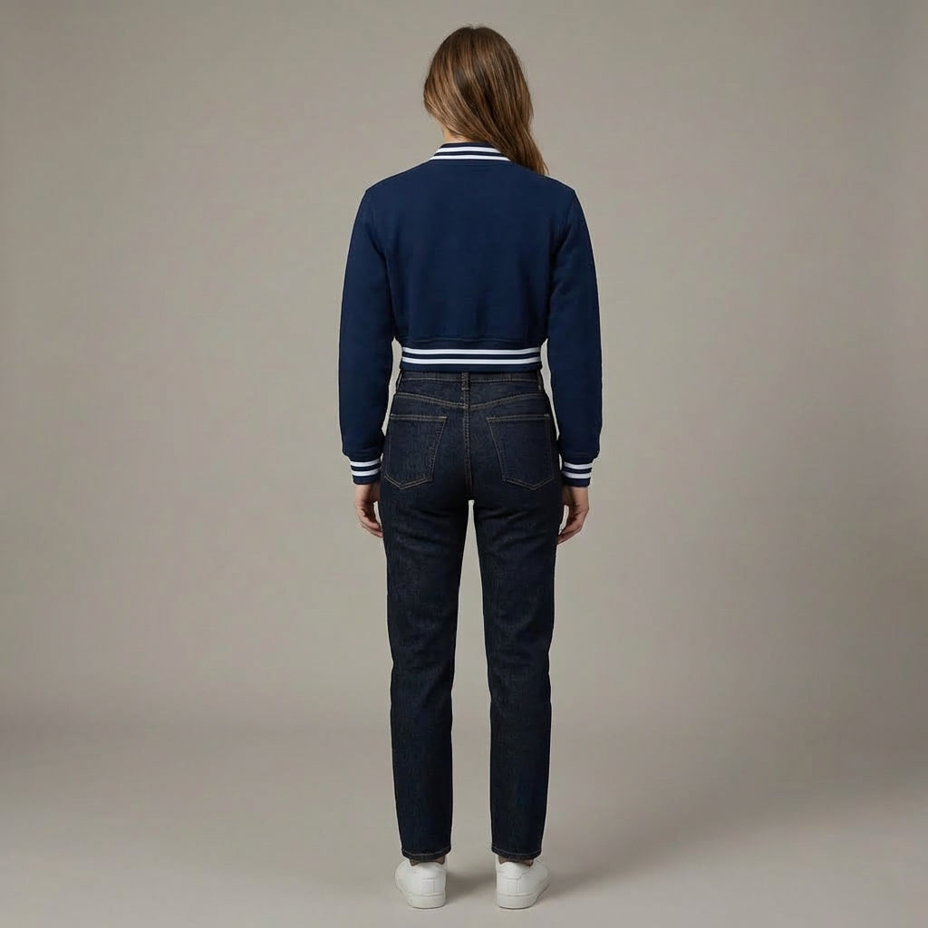 Navy Blue Cropped Varsity Jacket for Women