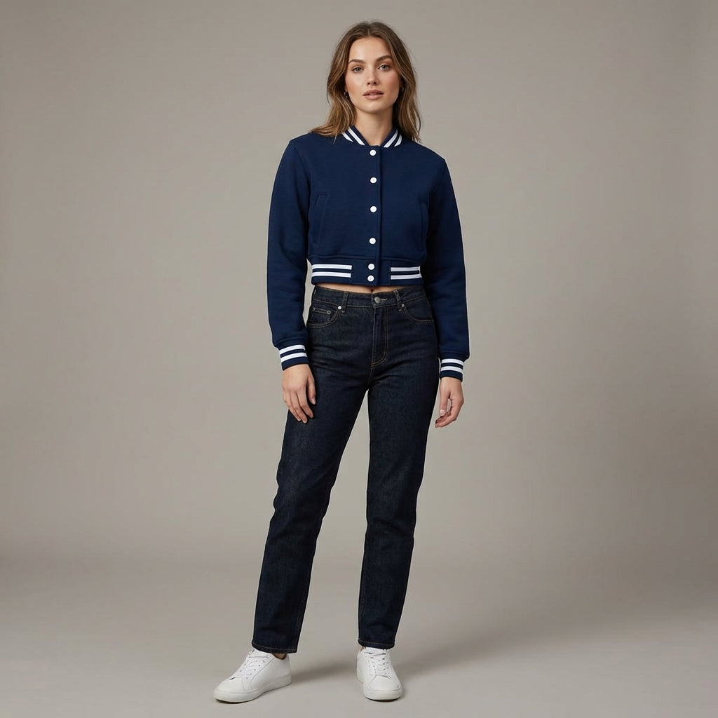 Navy Blue Cropped Varsity Jacket for Women