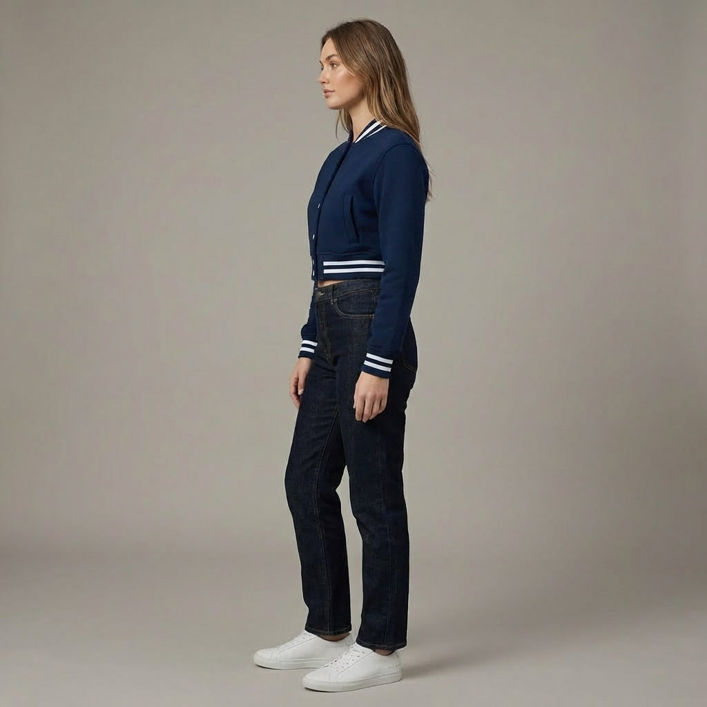 Navy Blue Cropped Varsity Jacket for Women