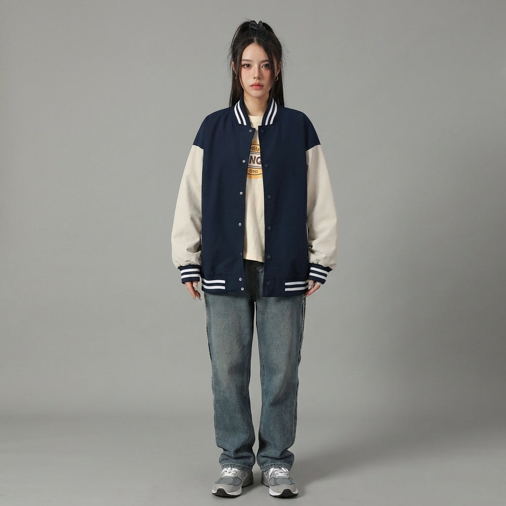 Navy Blue & Cream Women’s Varsity Jacket