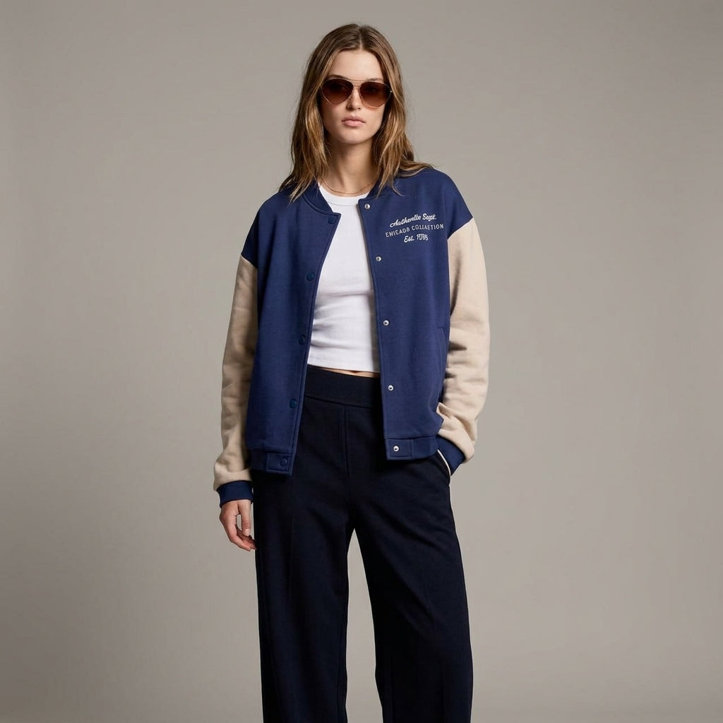 Navy & Half White Women’s Classic Varsity Jacket