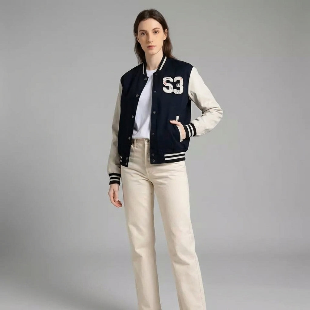 Navy & Skin Glow Varsity Jacket for Women