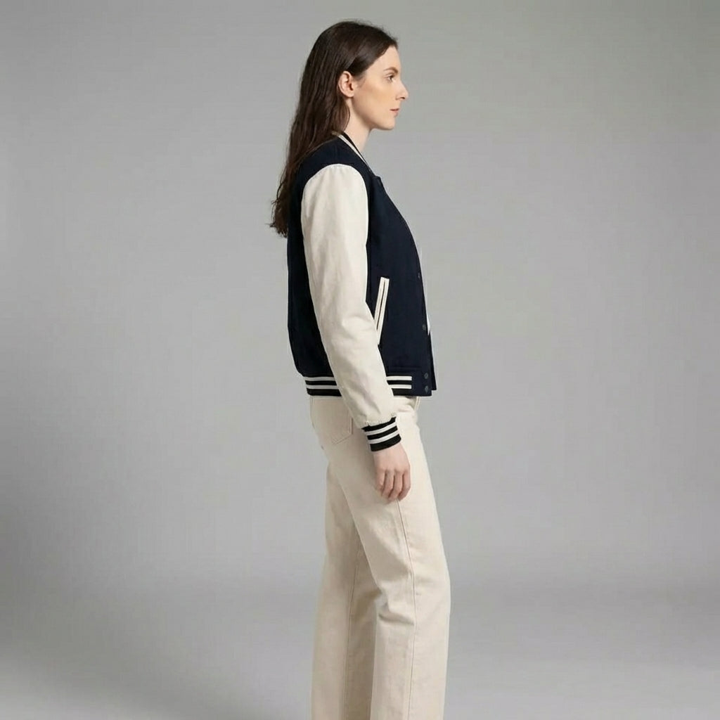 Navy & Skin Glow Varsity Jacket for Women