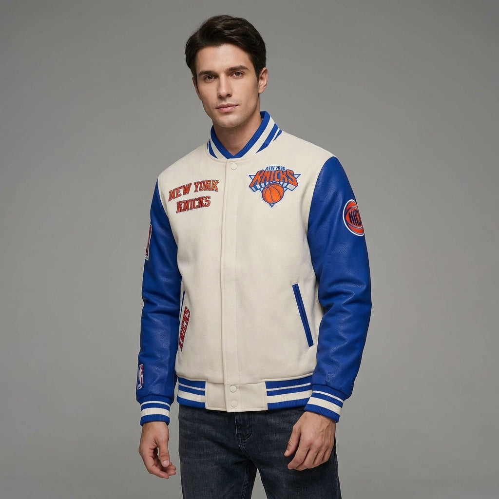 New York Knicks Varsity Jacket – Cream & Blue Leather Letterman