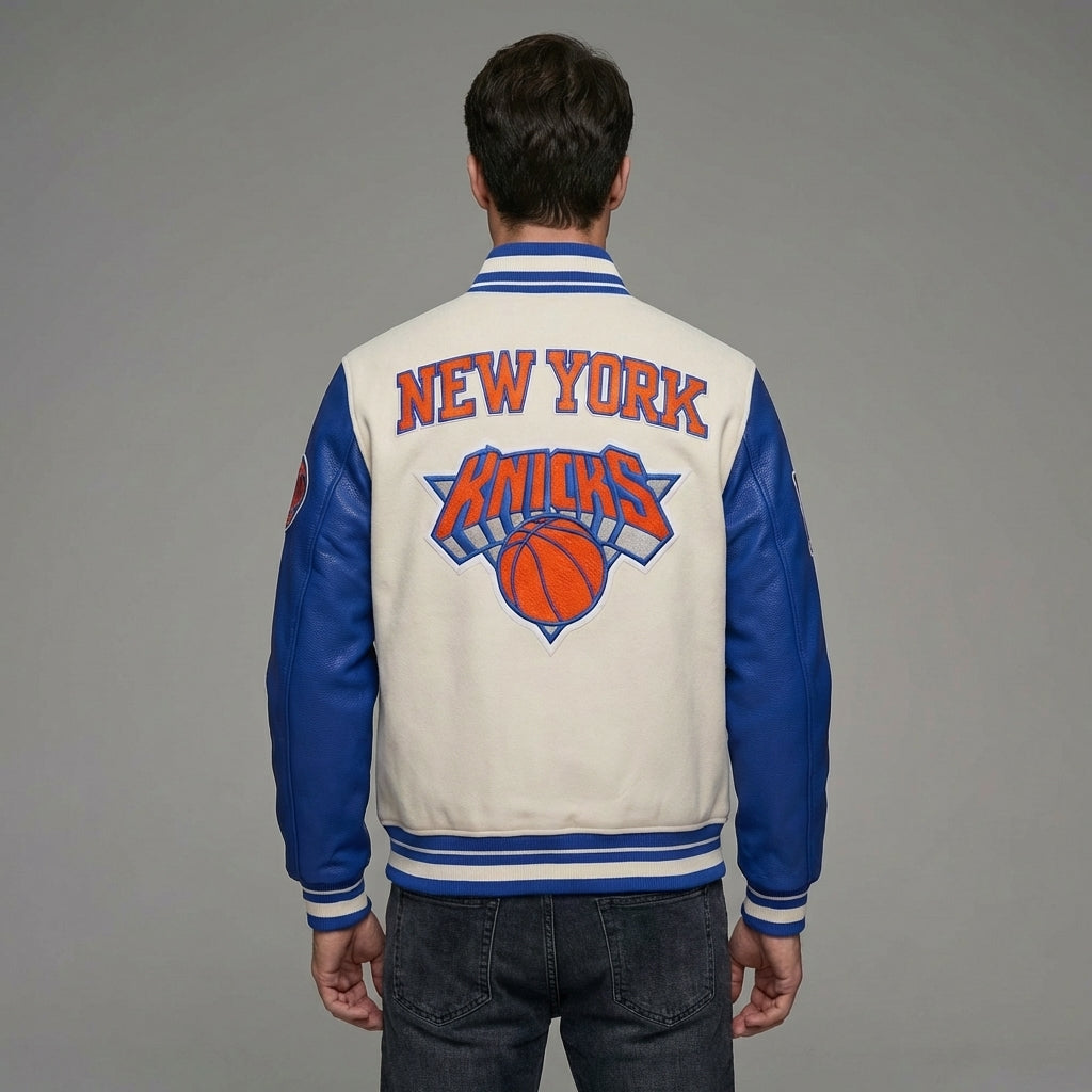 New York Knicks Varsity Jacket – Cream & Blue Leather Letterman