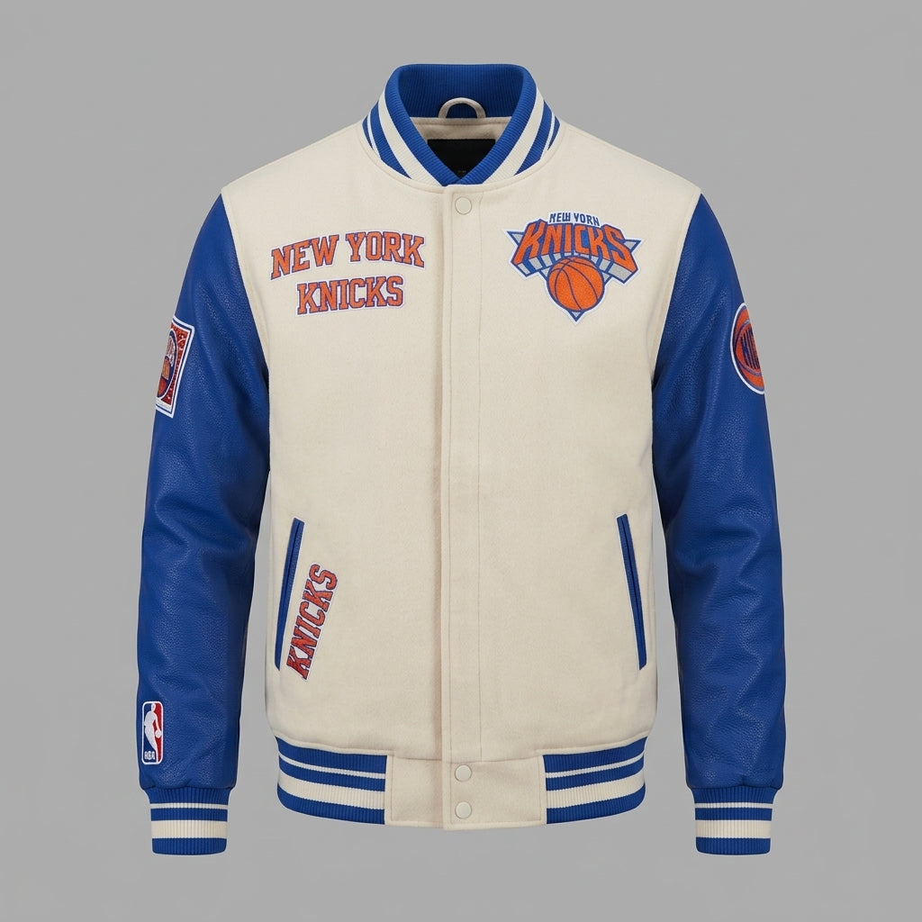 New York Knicks Varsity Jacket – Cream & Blue Leather Letterman