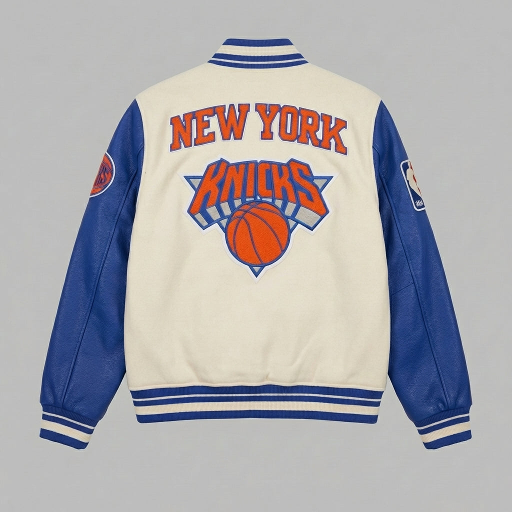 New York Knicks Varsity Jacket – Cream & Blue Leather Letterman