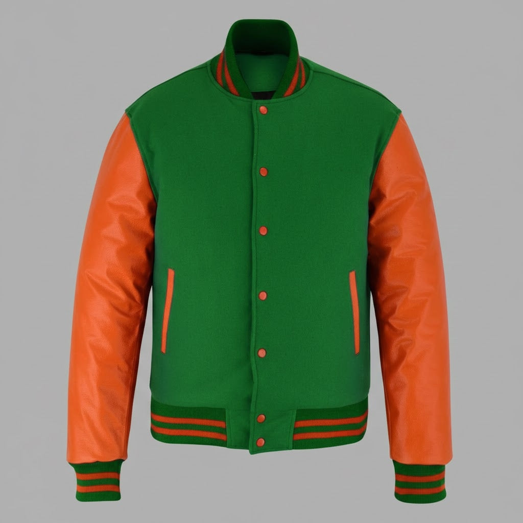 Orange & Green Leather Men’s Varsity Jacket
