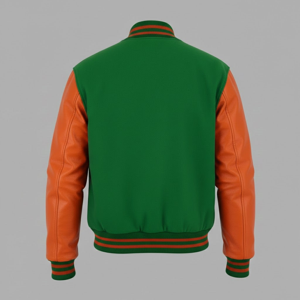 Orange & Green Leather Men’s Varsity Jacket