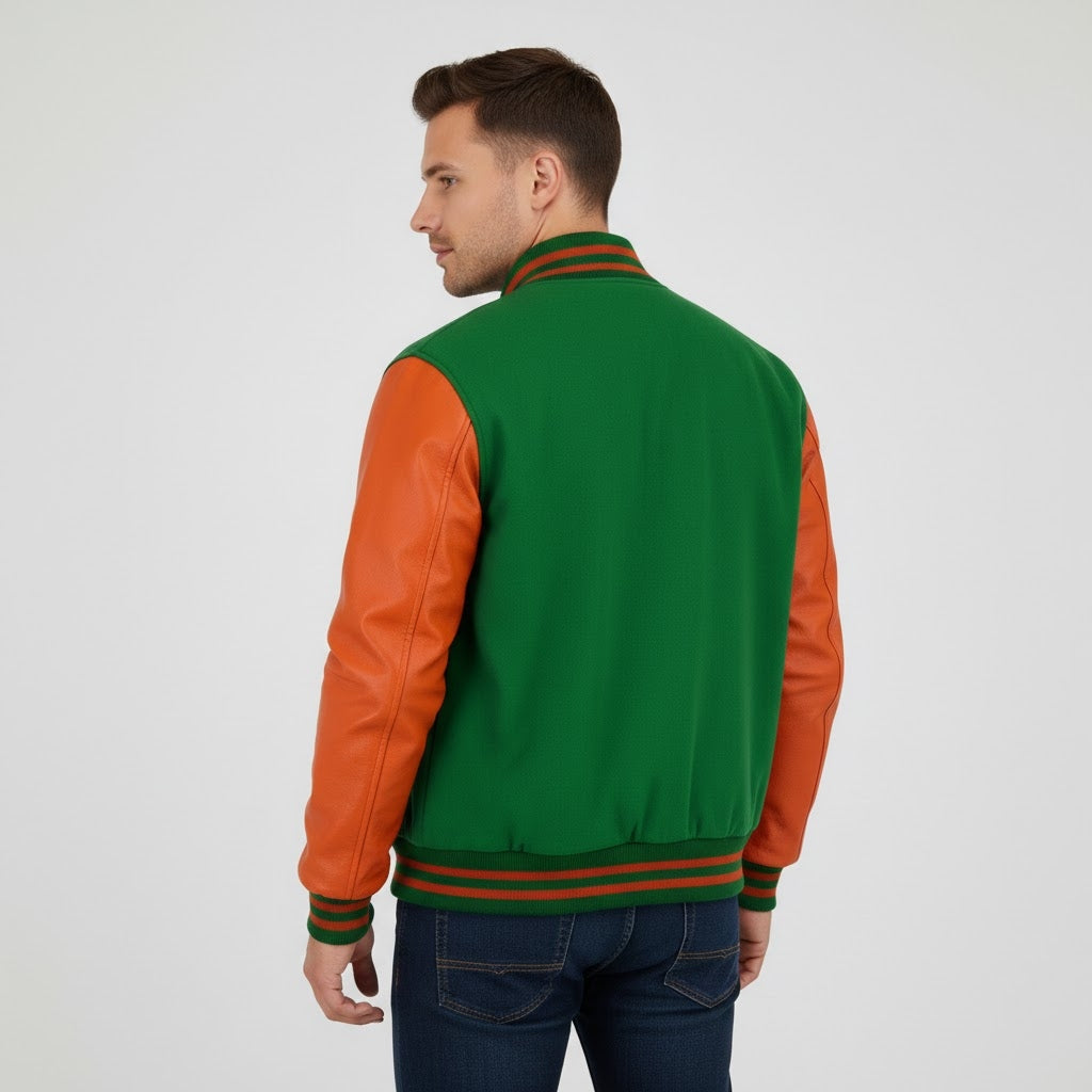 Orange & Green Leather Men’s Varsity Jacket