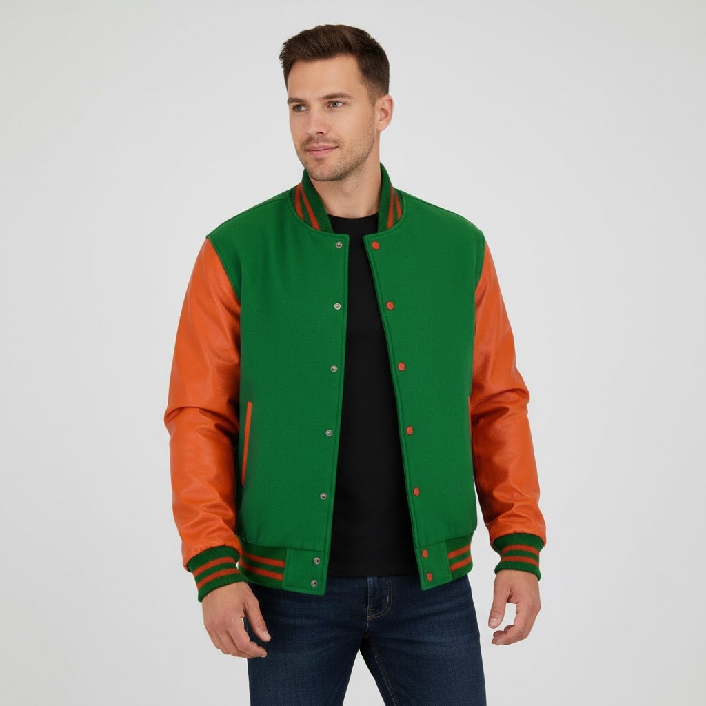 Orange & Green Leather Men’s Varsity Jacket