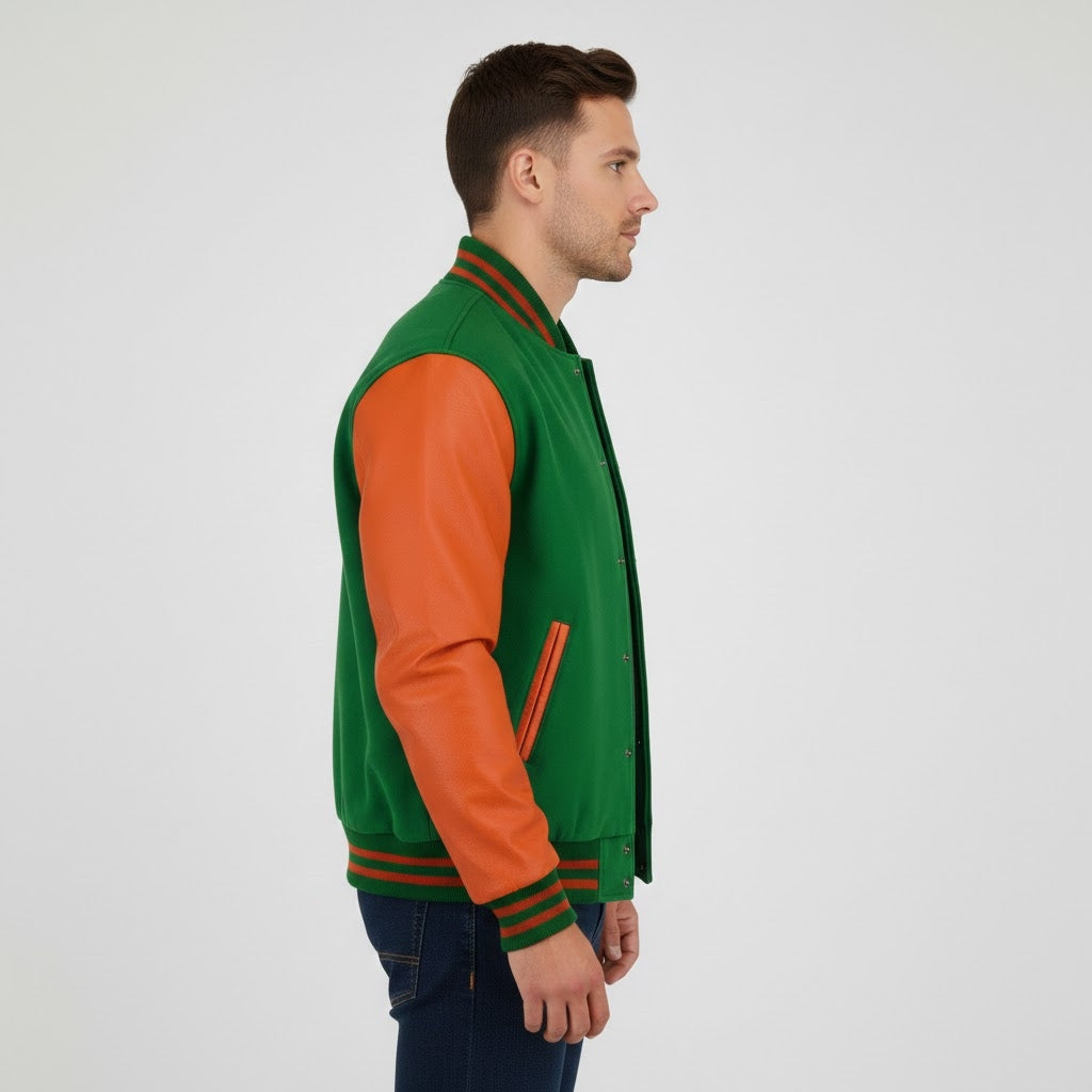 Orange & Green Leather Men’s Varsity Jacket