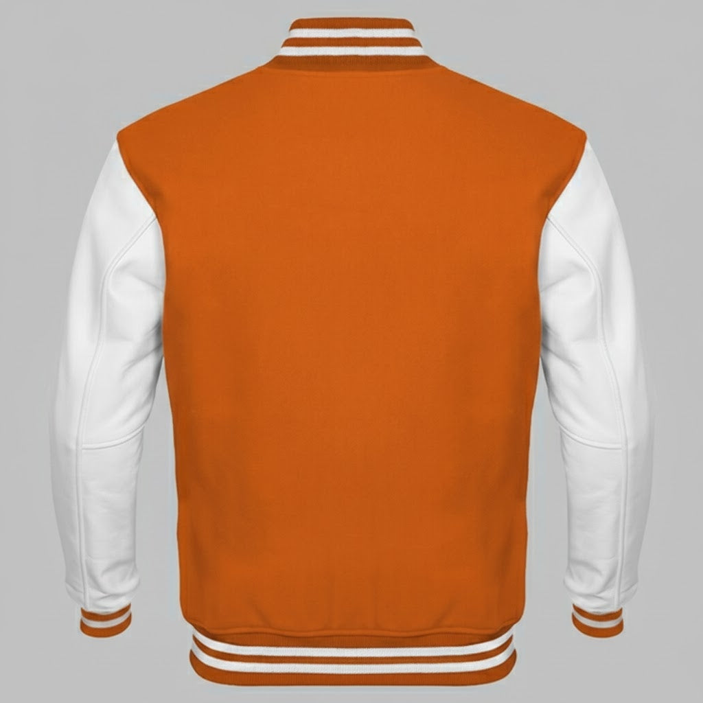 Orange & White Leather Sleeve Women's Varsity Jacket