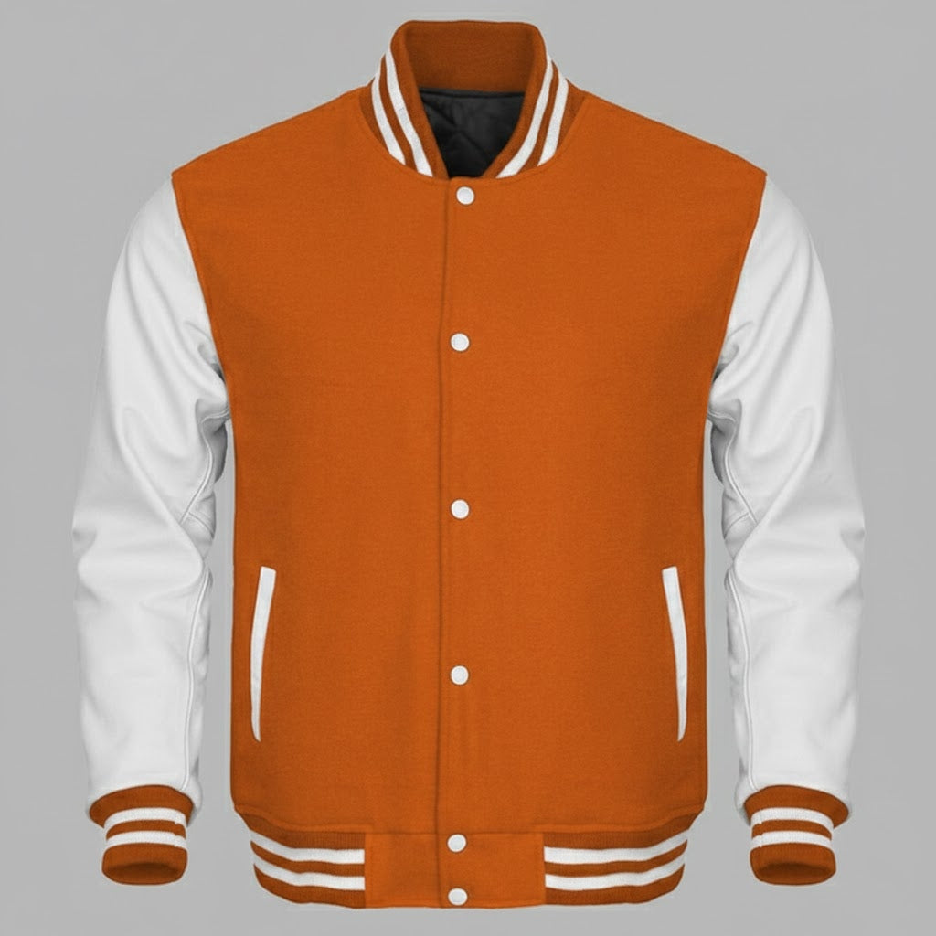 Orange & White Leather Sleeve Women's Varsity Jacket
