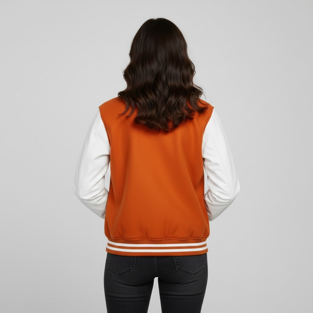 Orange & White Leather Sleeve Women's Varsity Jacket