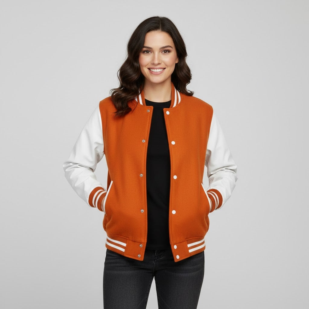 Orange & White Leather Sleeve Women's Varsity Jacket