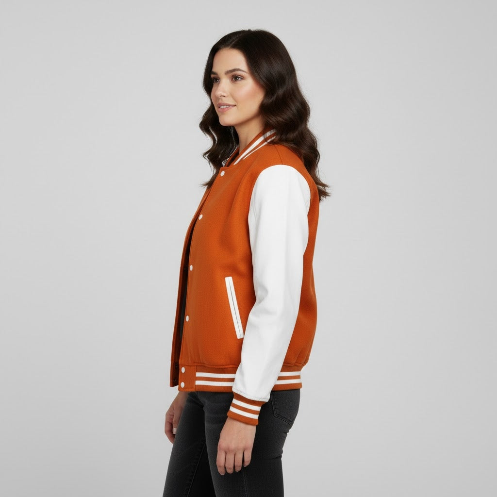 Orange & White Leather Sleeve Women's Varsity Jacket