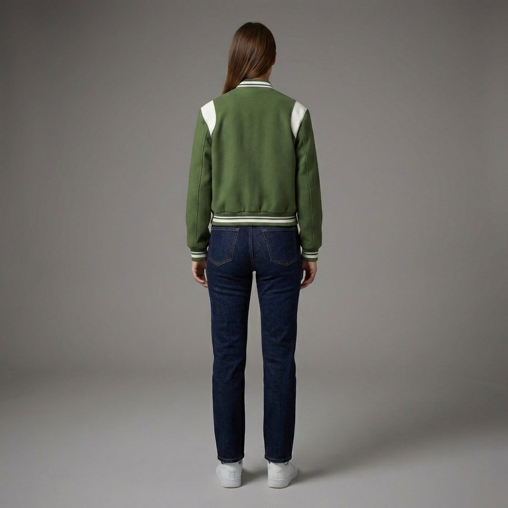 Parrot Green Power Luxe Women’s Letterman Varsity Jacket