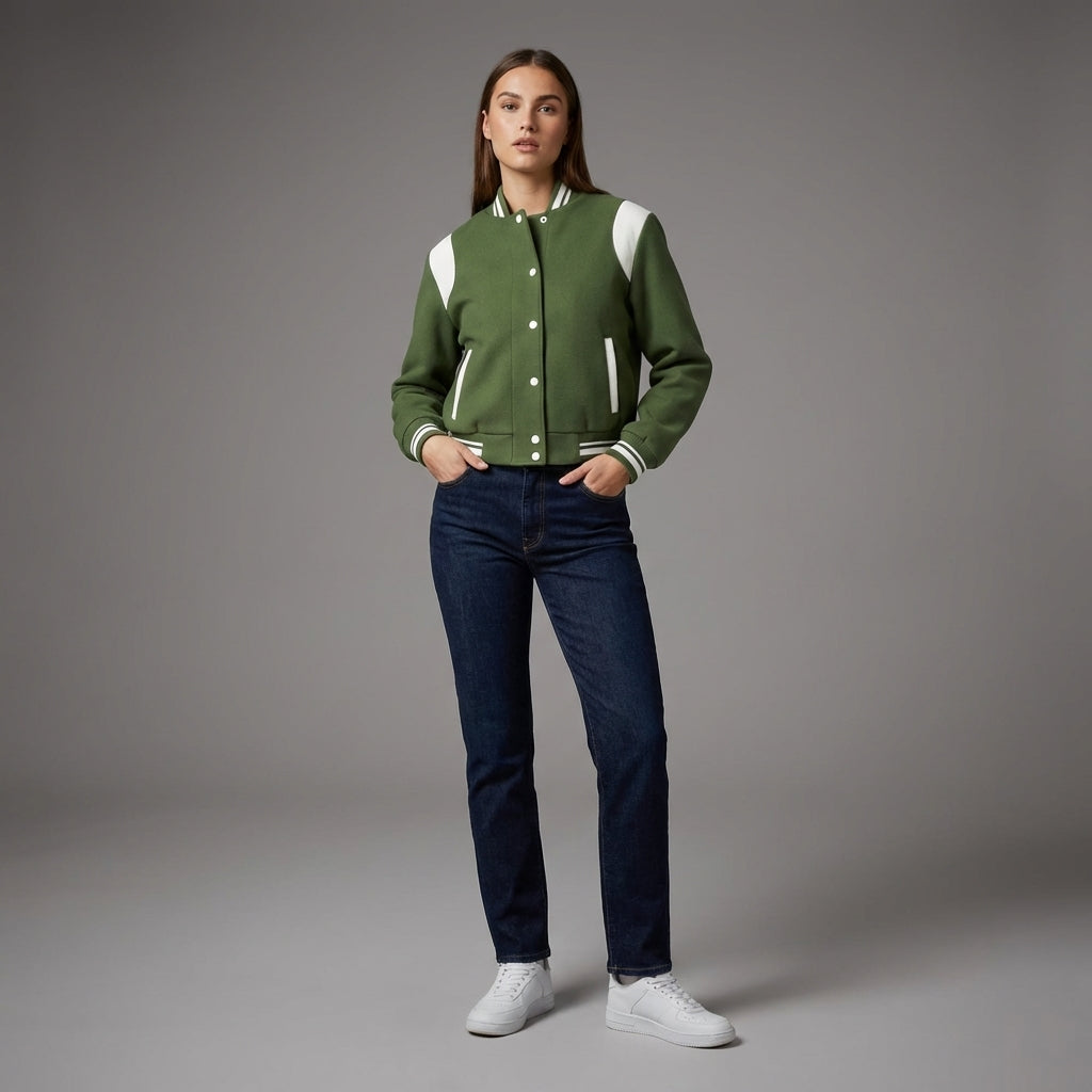 Parrot Green Power Luxe Women’s Letterman Varsity Jacket