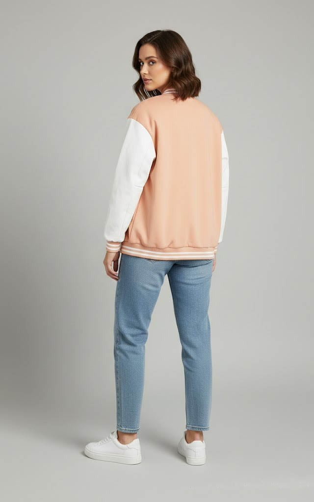 Peach & White Women’s Leather Varsity Jacket