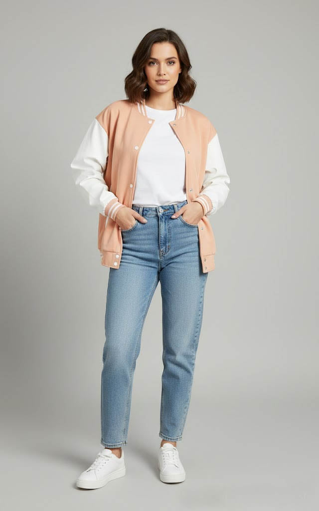 Peach & White Women’s Leather Varsity Jacket