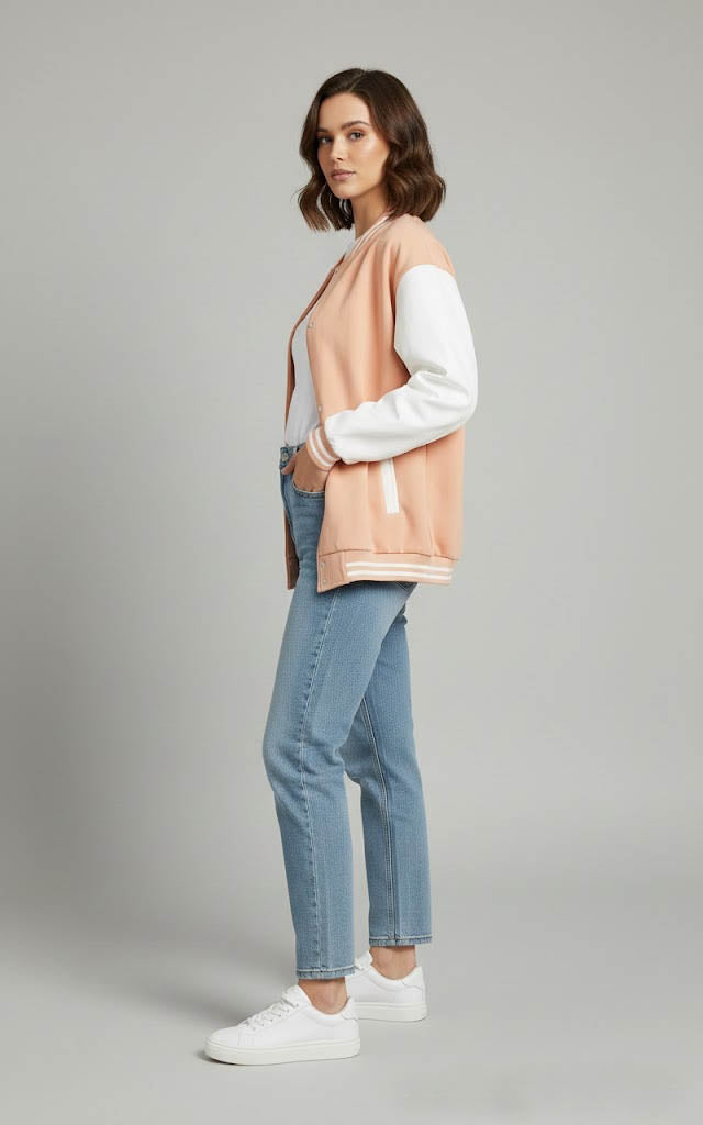 Peach & White Women’s Leather Varsity Jacket