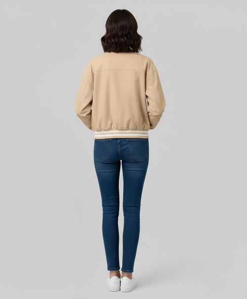 Beige Leather Women’s Varsity Jacket