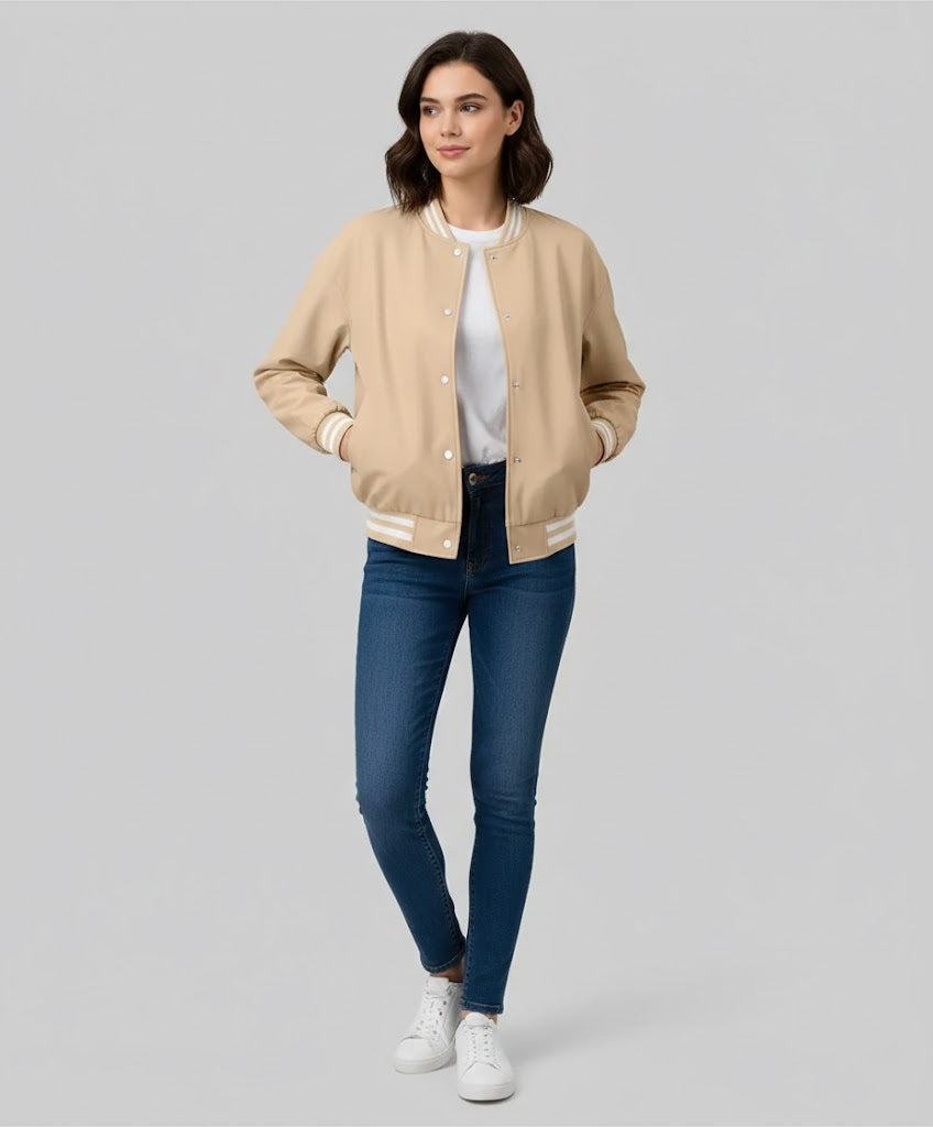 Beige Leather Women’s Varsity Jacket